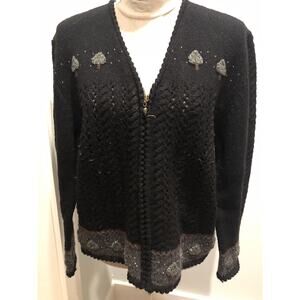 Woolrich Vtg Black 100% Wool Zip Up Cardigan Sweater Women's M Cottagecore